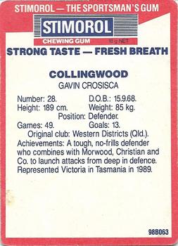 1990 AFL Scanlens Stimorol #54 Gavin Crosisca Back